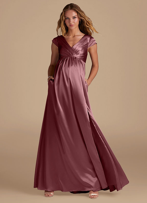 Azazie Allessia Maternity Bridesmaid Dresses A-Line Metallic Satin Floor-Length Dress image1