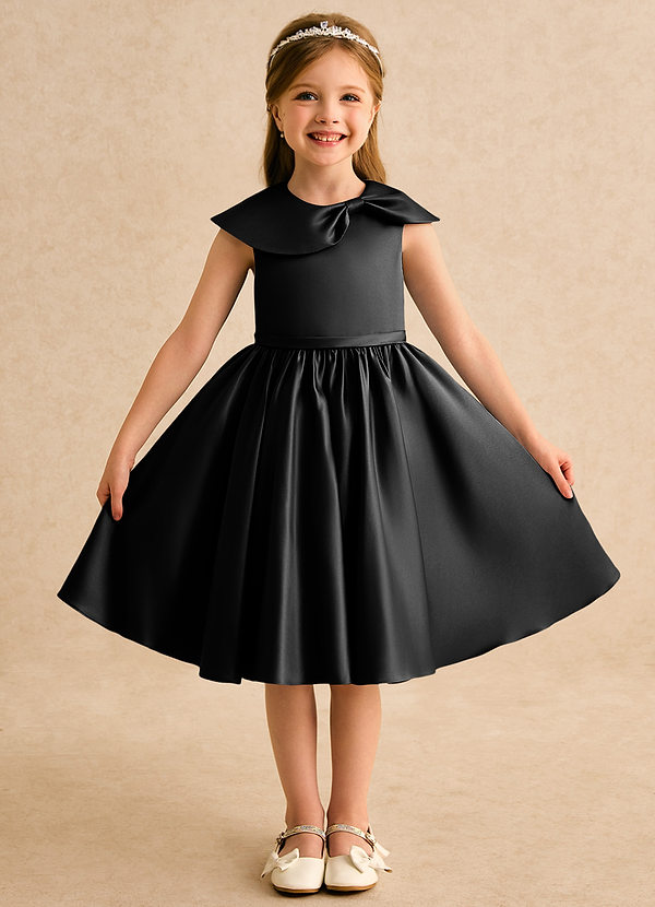 Azazie Acorn Flower Girl Dresses Black A-Line Pleated Matte Satin Dress image1