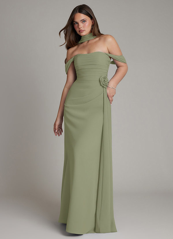 Azazie Ezria Bridesmaid Dresses Pistachio A-Line Off the Shoulder Chiffon Dress image1