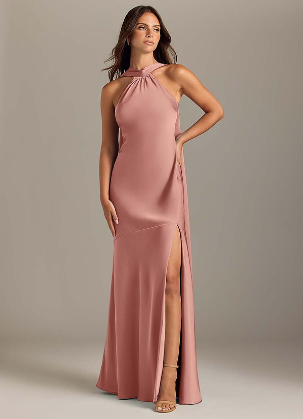 Azazie Kinsley Vestidos de Dama de Honor Vestido Roseta de Cetim elástico de sereia com Racha Lateral image1
