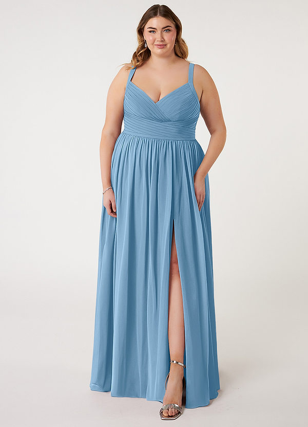 Azazie Chanel Brautjungfernkleider A-Linie Plissee Chiffon Kleid Stahlblau image1