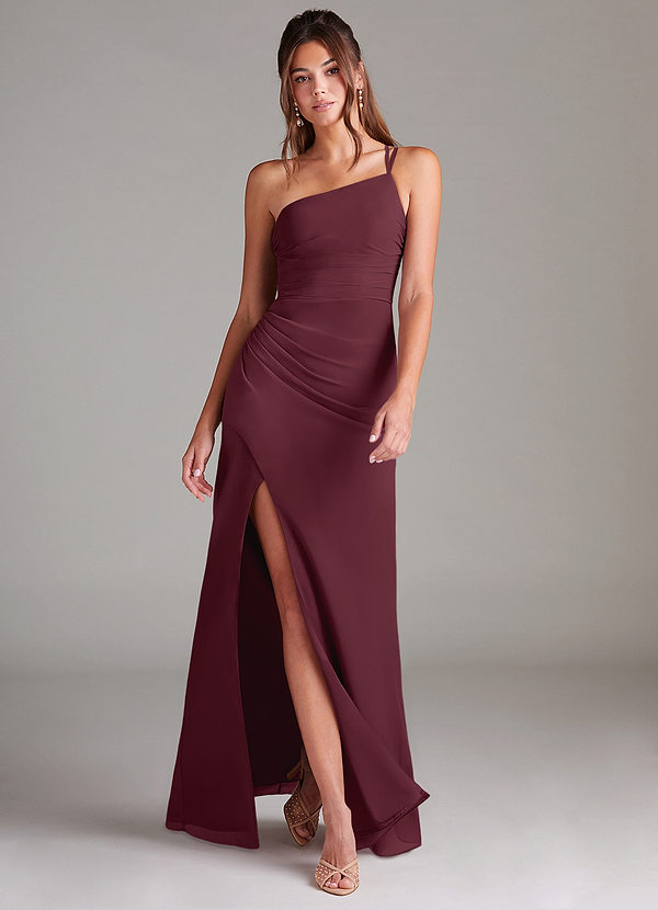 Azazie Eren Vestidos Dama de Honor Vestido de Cabernet de Gasa de Corte Recto con Hombro unilateral image1
