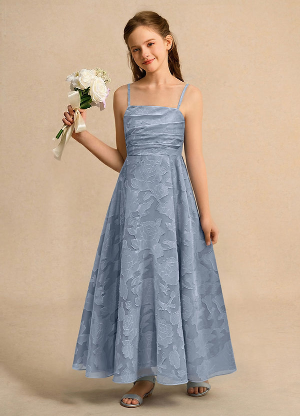 Azazie Pebbles Junior Formal Flower Girl Dresses Dusty Blue A-Line Pleated Floral Burnout Dress image1