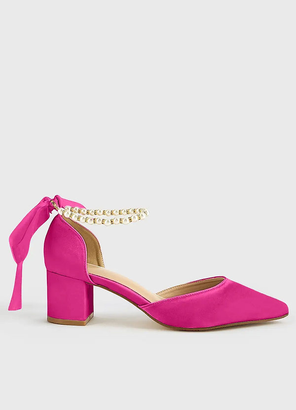 front Matching Color Matte Satin Pearl and Bow Pointed Toe Block Heels