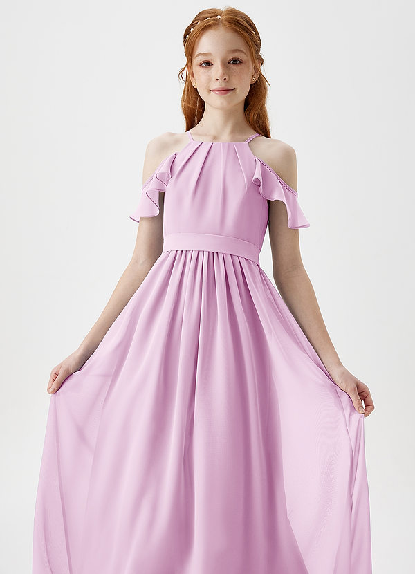 Azazie Chaya Junior Candy Pink A-Line Off the Shoulder Chiffon Dress image1