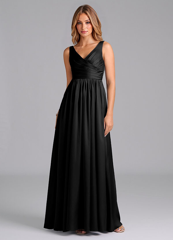 Azazie Keyla Bridesmaid Dresses Black A-Line Pleated Stretch Satin Dress image1