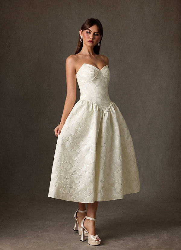 Azazie Devam Wedding Dresses Cream A-Line Strapless Floral Jacquard Dress image1