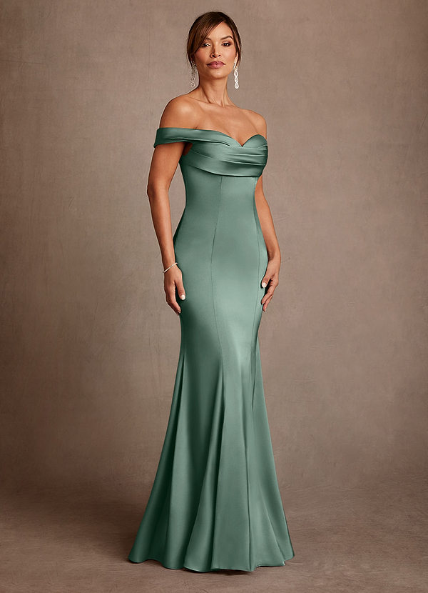 Azazie Boone Vestidos de Madre de la Novia Vestido de Eucalipto de Satén Elástico de Corte Sirena con Vestidos sin tirantes image1