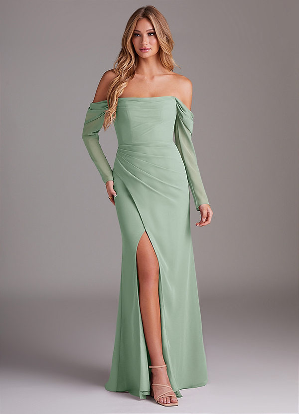 Azazie Hallie Bridesmaid Dresses Agave Mermaid Long Sleeve Chiffon Dress image1