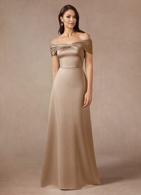 Azazie Amelia Abiti da Mamma Sposa Abito A-Line in Raso Elasticizzato a Spalla Scoperta Taupe image1