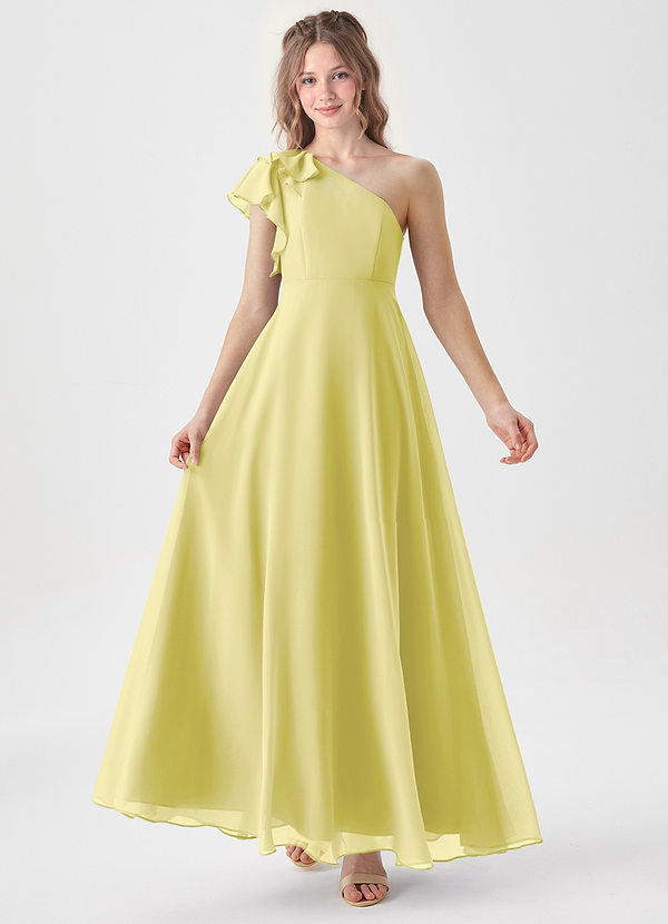 Azazie Arabella Junior Abito A-Line in Chiffon Increspato Sorbetto Al Limone image1