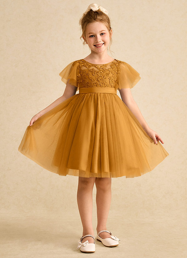 Azazie Queenie Robes de Fillette d'Honneur Robe Trapèze en Dentelle Caramel écossais image1