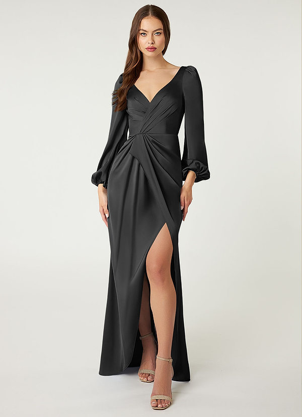 Azazie Mel Bridesmaid Dresses Black Sheath Long Sleeve Stretch Satin Dress image1