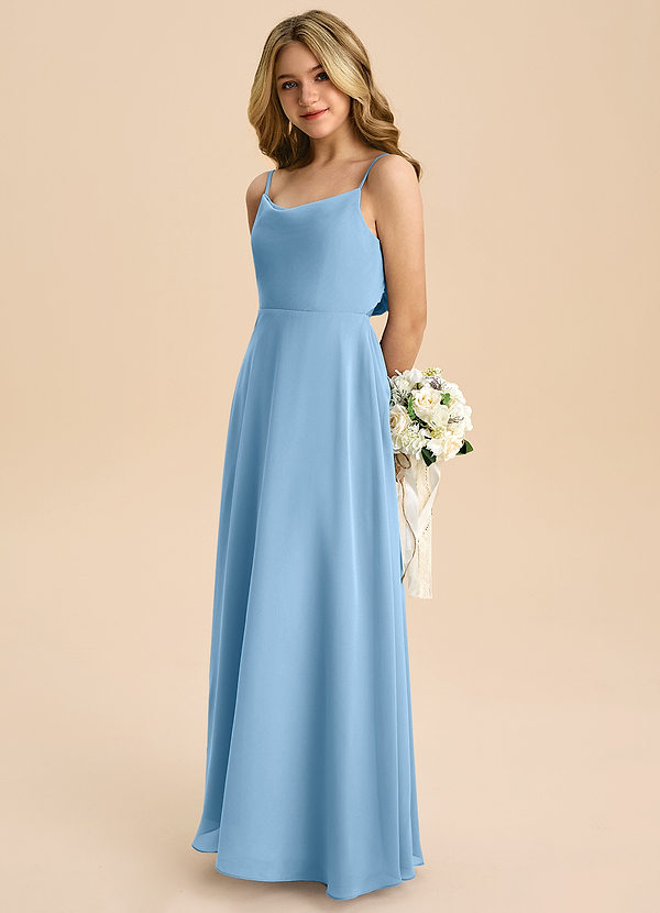 Azazie Shale Junior Steel Blue A-Line Bow Chiffon Dress image1