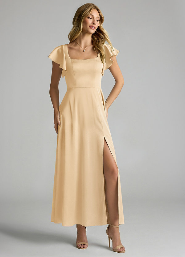 Azazie Bondi 신부 들러리 드레스 A라인 셔링 스트레치 새틴 발목 길이 드레스 image1