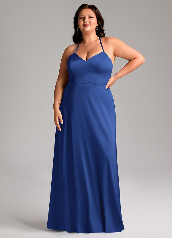 Azazie Mei Abiti da Damigella Abito A-Line in Raso Elasticizzato con Scollo a V Blu Reale image1