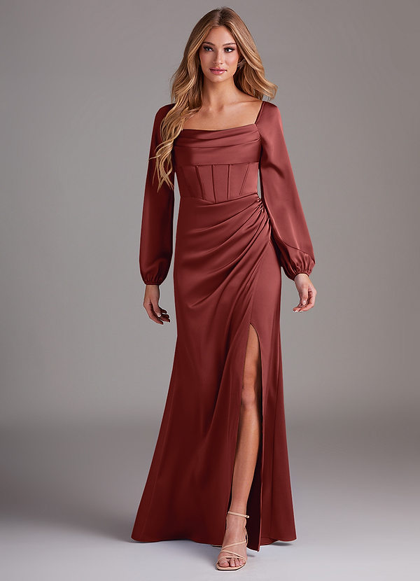 Azazie Charissa Bridesmaid Dresses Terracotta Sheath Long Sleeve Stretch Satin Dress image1