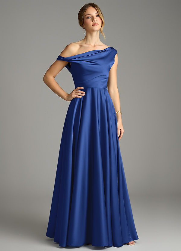 Azazie Xanthe Bridesmaid Dresses Royal Blue A-Line Off the Shoulder Stretch Satin Dress image1