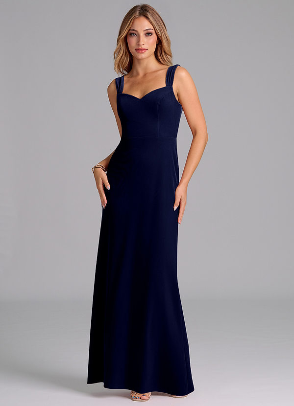 Azazie Denice Bridesmaid Dresses Dark Navy Sheath Pleated Velvet Dress image1