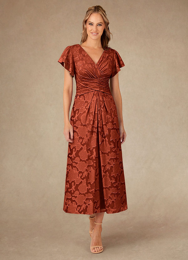Azazie Vera Mother of the Brides Dresses Auburn A-Line Pleated Floral Burnout Dress image1