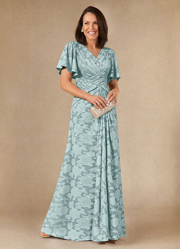 Azazie Emmeline Mother of the Brides Dresses Mist A-Line Pleated Floral Burnout Dress image1