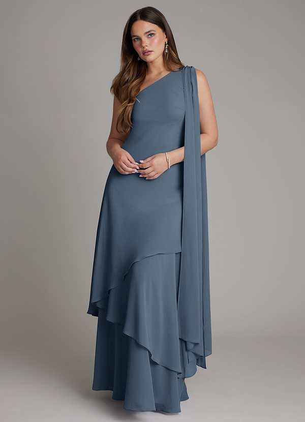 Azazie Monique Bruidsmeisjesjurken Jurk van Chiffon met A-lijn One-shoulder Neptunus image1
