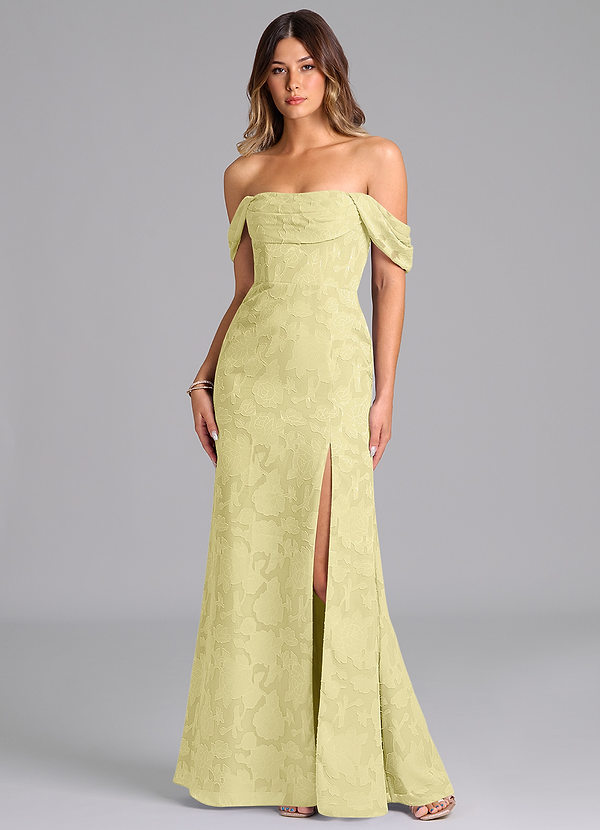 Azazie Saige Bridesmaid Dresses Lemon Sorbet A-Line Off the Shoulder Floral Burnout Convertible Dress image1