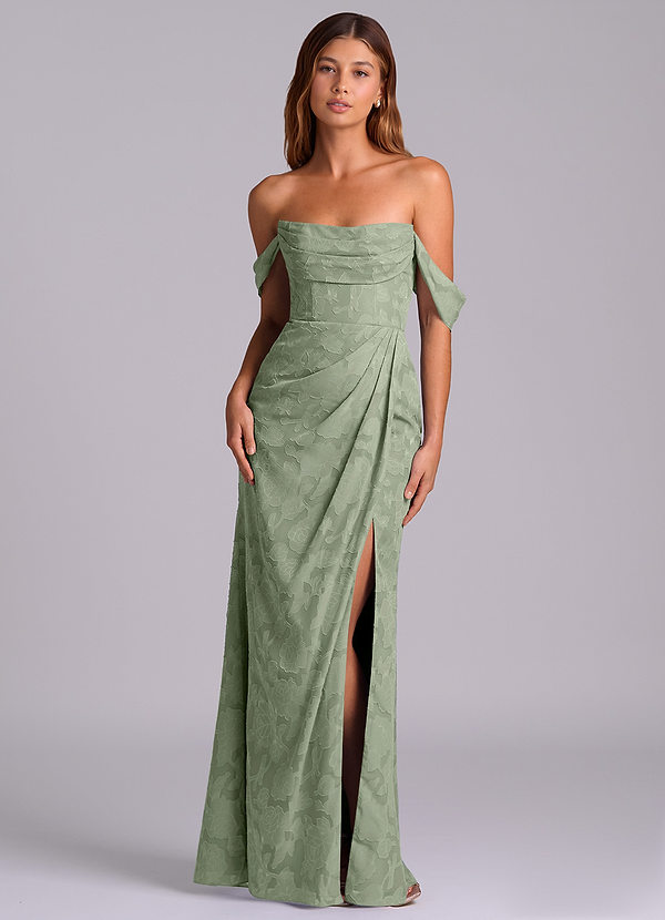 Azazie Johana Brautjungfernkleider Wandelbar Meerjungfrau-Linie Schulterfrei Blumen-Burnout Kleid Agave image1