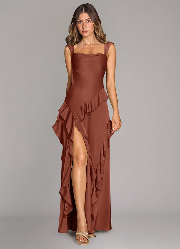 Azazie Sloane Robes Demoiselle d'honneur Robe Trapèze en Satin extensible Encolure en Forme de Cœur Auburn image1