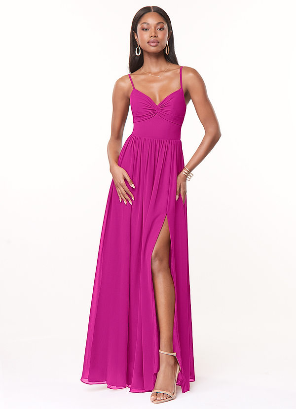 Azazie Zeya Bridesmaid Dresses Fuchsia A-Line V-Neck Pleated Chiffon Dress image1