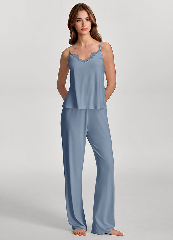 front Staubblau Pyjama-Set aus weichem Rayon-Top mit Spitzenbesatz und weit geschnittener Hose