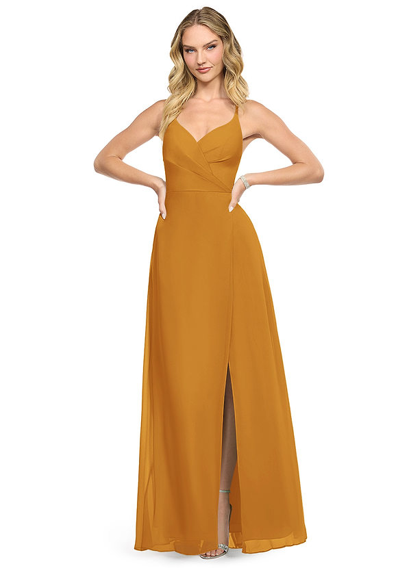 Azazie Davis Bridesmaid Dresses Butterscotch Flowy V-Neck Chiffon Dress image1