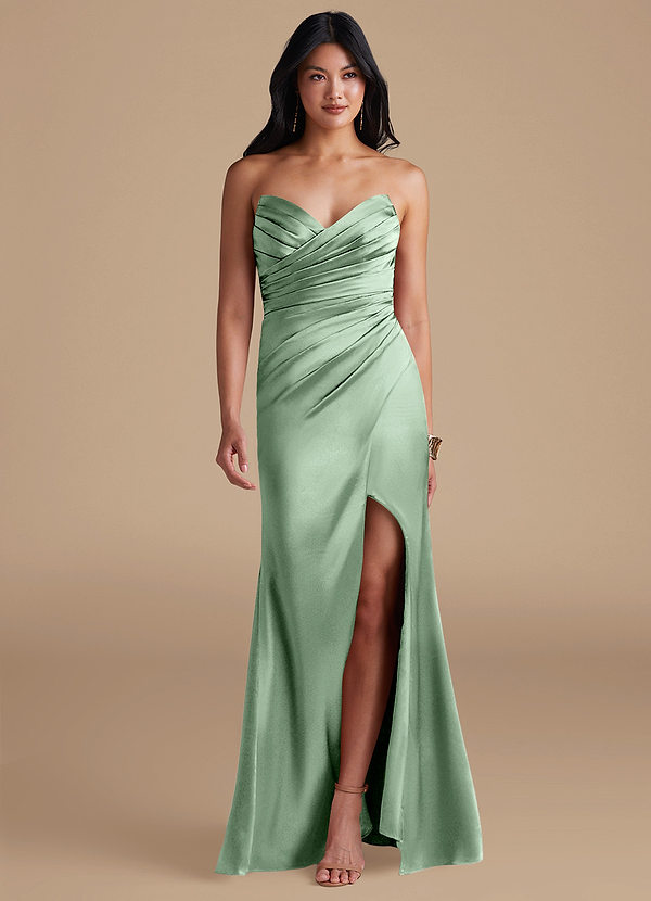 Azazie Yola Bridesmaid Dresses Matcha Sheath Pleated Metallic Satin Dress image1