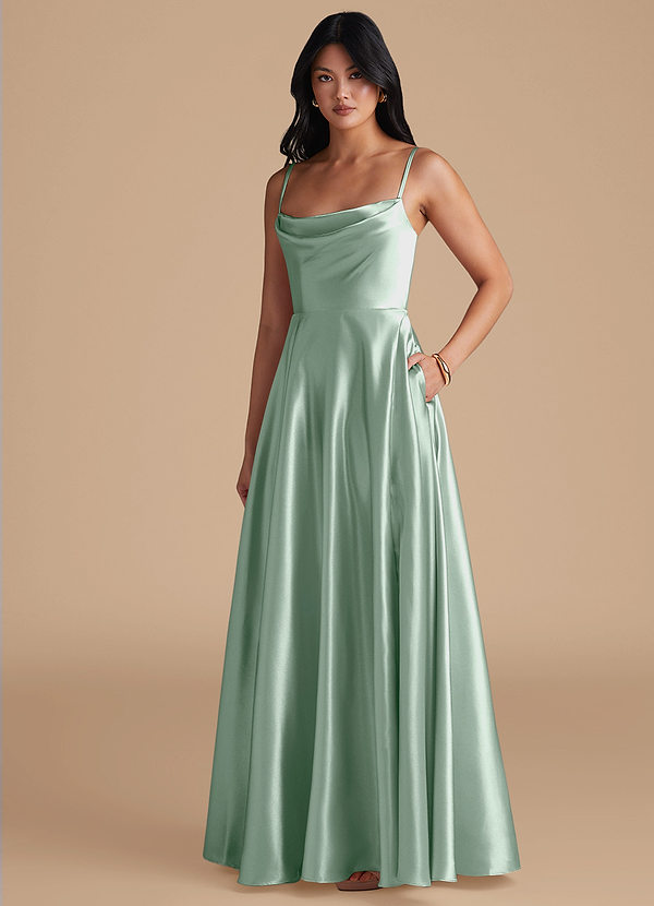 Azazie Elle Bridesmaid Dresses Agave A-Line with Pockets Metallic Satin Dress image1