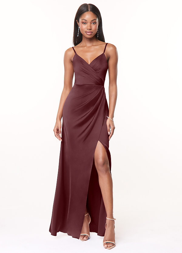 Azazie Maci Bridesmaid Dresses Sangria A-Line V-Neck Pleated Stretch Satin Dress image1