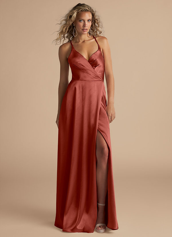 Azazie Davis Bridesmaid Dresses Terracotta A-Line Pleated Metallic Satin Dress image1