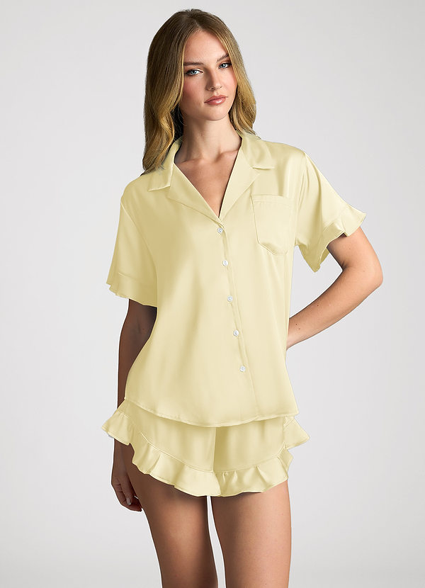 front Lemon Sorbet Matching Color Ruffled Short Sleeve Pajama Set