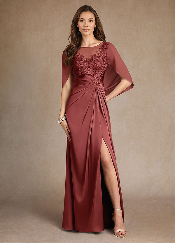 Azazie Hera Robes de mère de la mariée Robe Trapèze en Satin extensible Dentelle Terracotta image1