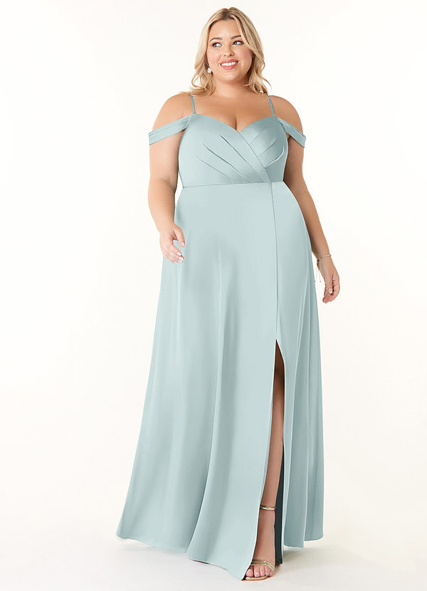 Azazie Ocean Brautjungfernkleider A-Linie V-Hals Gefaltet Stretch-Satin Kleid Nebel image1
