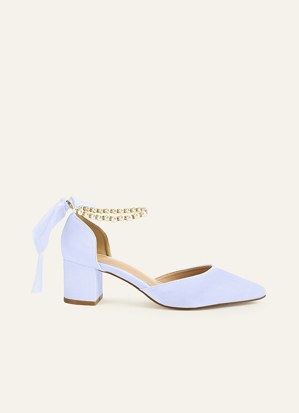 front Matching Color Matte Satin Pearl and Bow Pointed Toe Block Heels