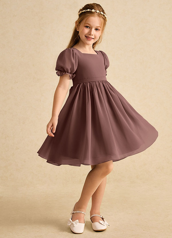 Azazie Jolie Flower Girl Dresses Espresso A-Line with Sleeves Chiffon Dress image1