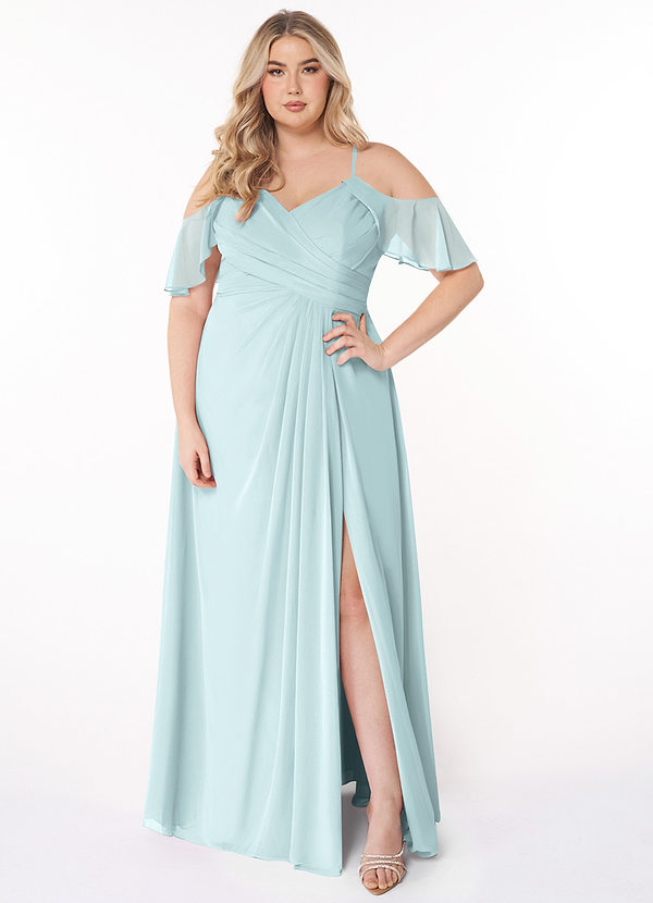 Azazie Dakota Brautjungfernkleider A-Linie V-Hals Gefaltet Chiffon Kleid Nebel image1