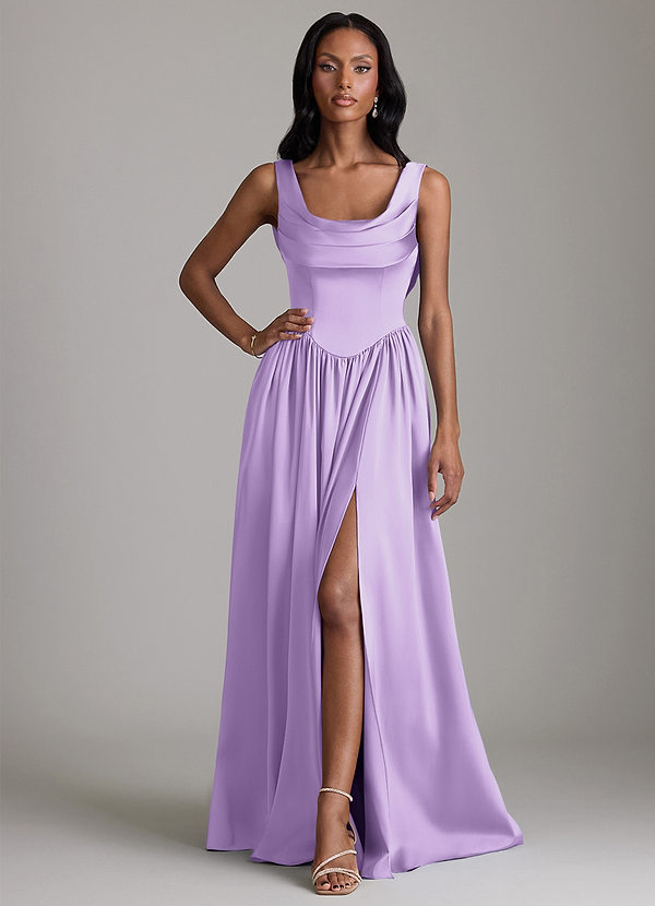 Azazie Novi Bridesmaid Dresses Lilac A-Line with Pockets Stretch Satin Dress image1