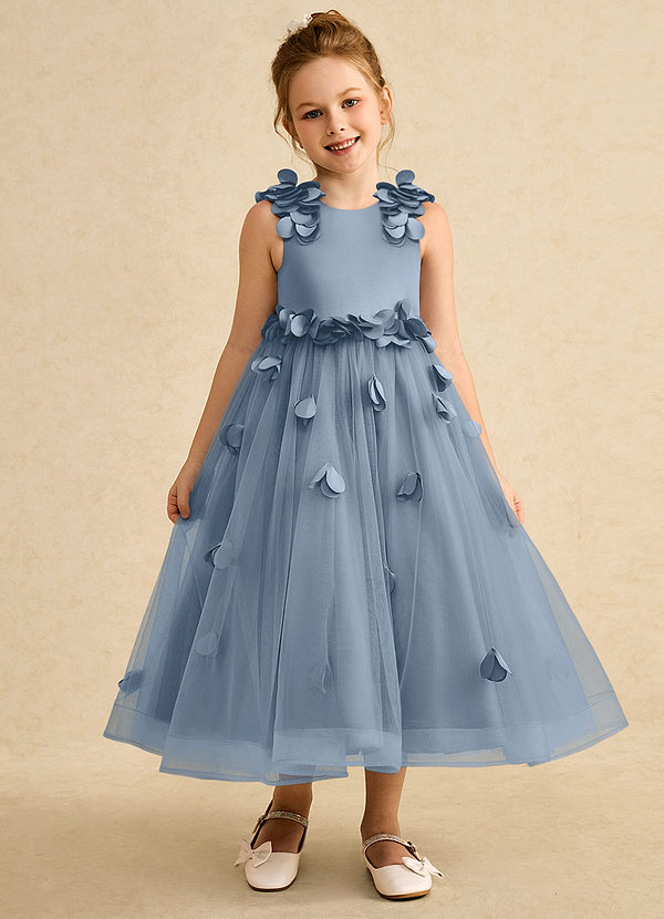 Azazie Atta Bloemenmeisjes Jurken A-Lijn Jurk van Tule One-Shoulder Stoffig Blauw image1