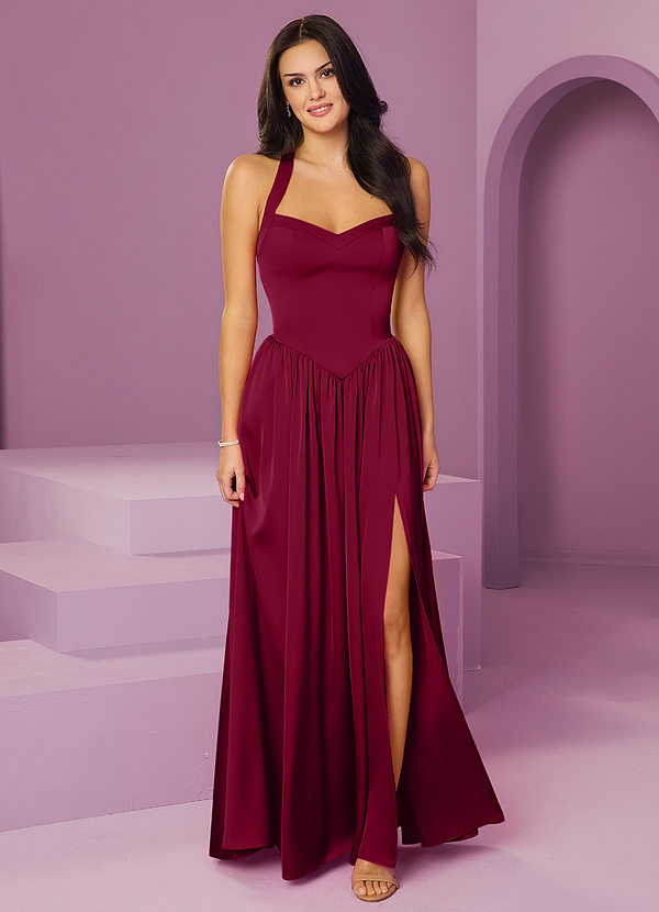 Barbie ♥ Azazie Bridesmaid Dresses Burgundy A-Line with Pockets Stretch Satin Dress image1