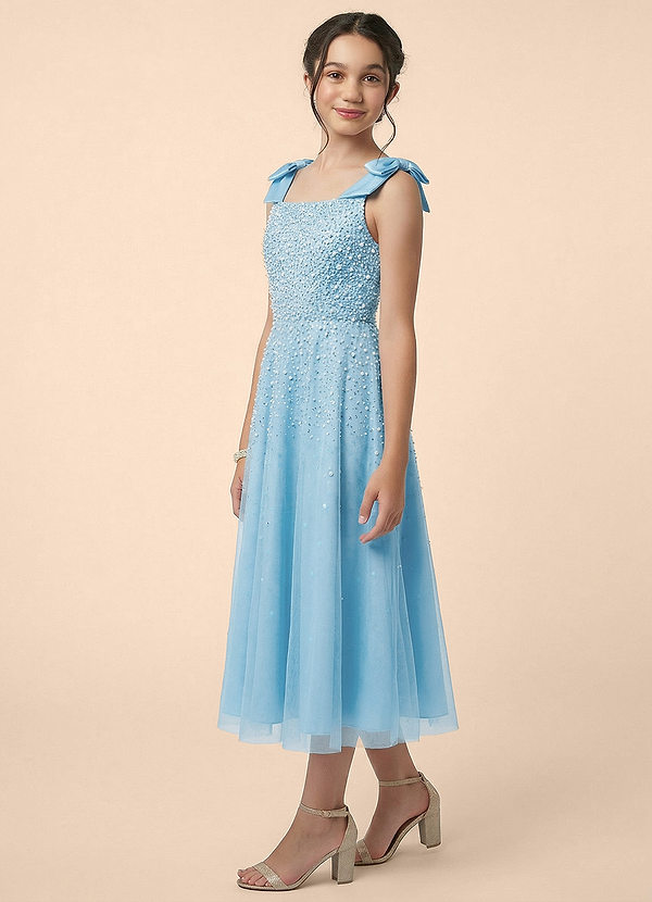 Azazie Maisie Junior Formal Linia A Ukłon Siatka Długość kostki Młodsza druhna Sukienka image1