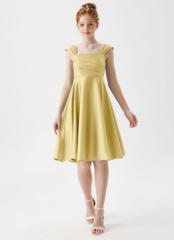 Azazie Amira Junior Lemon Sorbet A-Line Pleated Stretch Satin Dress image1