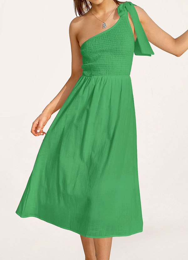 Green Emelle Green One-Shoulder Smocked Midi Dress Dresses | Azazie