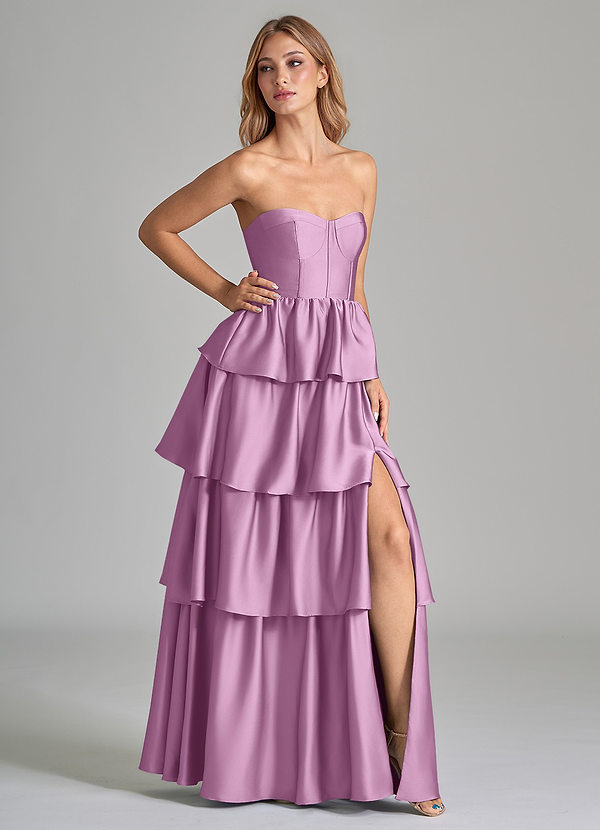 Azazie Faye Bridesmaid Dresses Wisteria A-Line Ruched Stretch Satin Dress image1