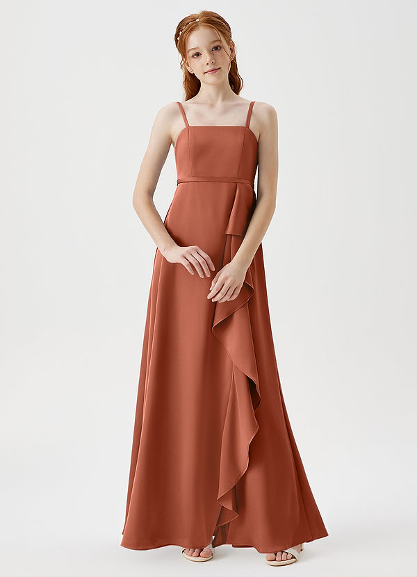 Azazie Kaylee Junior Cedar Rose A-Line with Belt Stretch Satin Dress image1